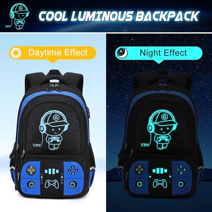 Bevalsa Backpack for School Boys, Cool Luminous Gamer Boys Backpack with Lunch Box & Pencil Pouch Set for Kids Children Teens Elementary Middle Schools, Schoolbag Bookbag Glow In The Dark (Blue)
