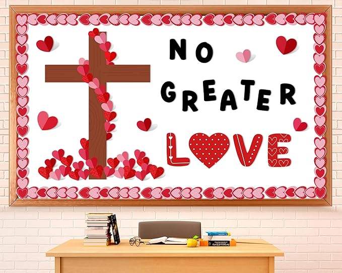 Valentine's Day Bulletin Board Decoration 3D Valentines Red Pink Heart Classroom Decorations Heart Religious Cross Cutouts Christian Bulletin Board for School Home Office Wall Door Decor Supplies