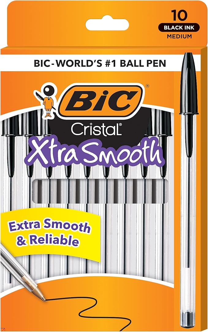 BIC Cristal Xtra Smooth Ballpoint Pen, Medium Point (1.0mm), Black, For Everyday Writing Activities, 10-Count