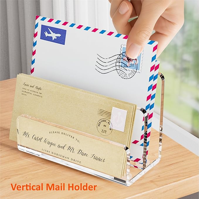 Desk Mail Organizer, 2 Section Clear Acrylic File Holder Letter Organizer, Vertical Lightweight Modern Envelope Holder Desk Accessories & Workspace Organizers for Office, Home, School