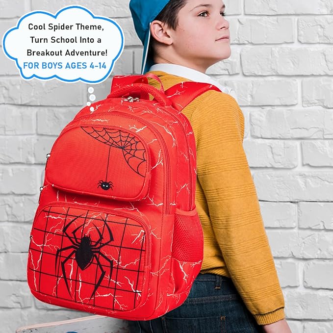 Kids Backpack Boys Spider Backpack with Lunch Box Kindergarten Elementary Middle School Toddler Bookbag for Boys Ages 4-14, Spider-Red