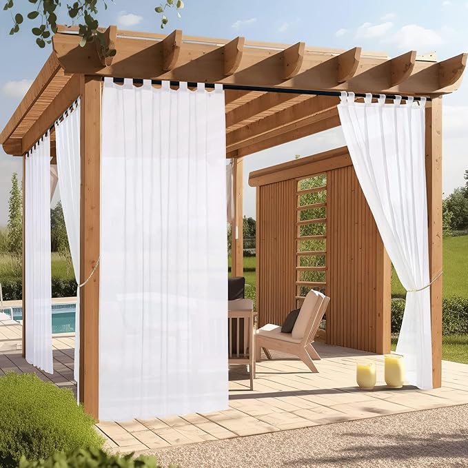 NICETOWN 2 Panels Extra Long White Sheer Outdoor Curtains for Patio Waterproof Tab Top Soft Voile Sheer Breathable Outdoor Drapes with Light Filter for Porch W54 x L120