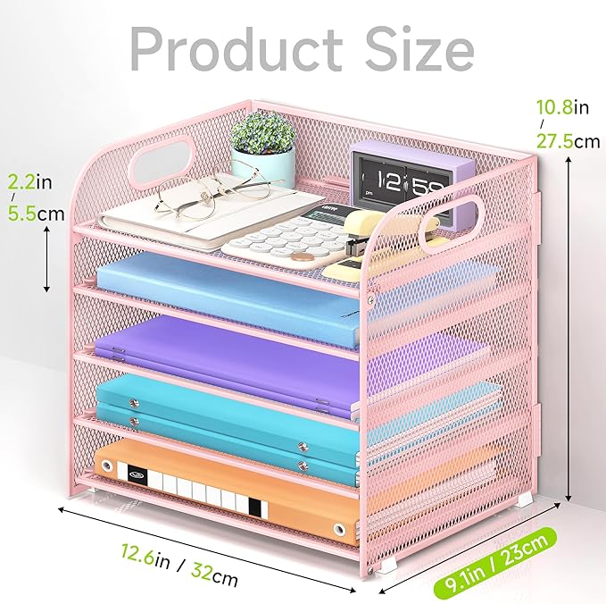 5 Tier Paper Organizer with Handle, Pink Metal Mesh Desk Organizer File Folder Paper Letter Tray Desktop Document Sorter for Classroom, School, Office Accessories Organization and Storage
