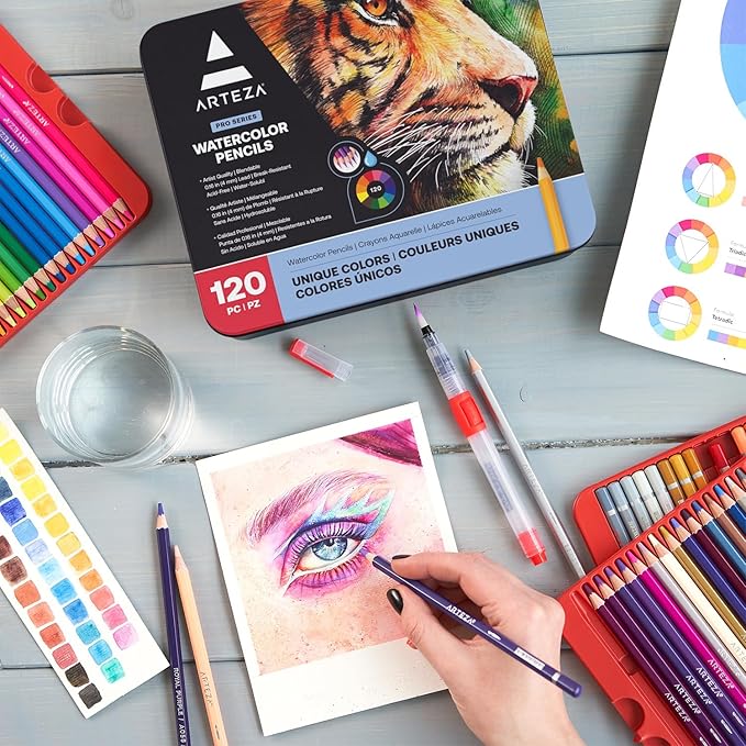 ARTEZA Watercolor Pencils Set of 120 Water-Soluble Colored Pencils for Blending, Layering, Painting, Lightfast Pigments with Soft Cores in Tin Case, Art Supplies for Adults, Artists, Holiday Gift Set