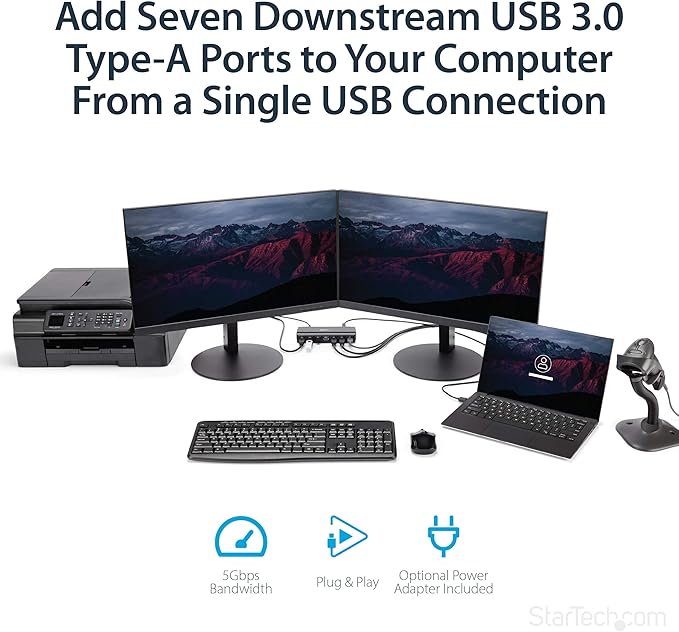 StarTech.com 7 Port USB 3.0 Hub – Up To 5 Gbps – 7 x USB – Universal Multi Port USB Extender for Your Desktop – USB Powered (ST7300USB3B)