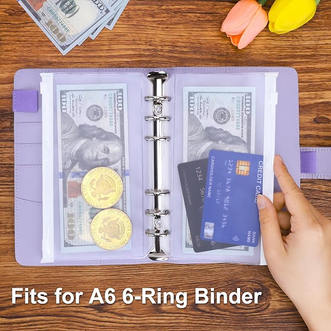 Antner 50pcs A6 Binder Pockets 6-Hole Budget Binder Inserts Cash Stuffing Envelopes for Budgeting, White Zipper Pouch Folders Loose Leaf Filling Bags Money Organizer for A6 6-Ring Planners and Binders