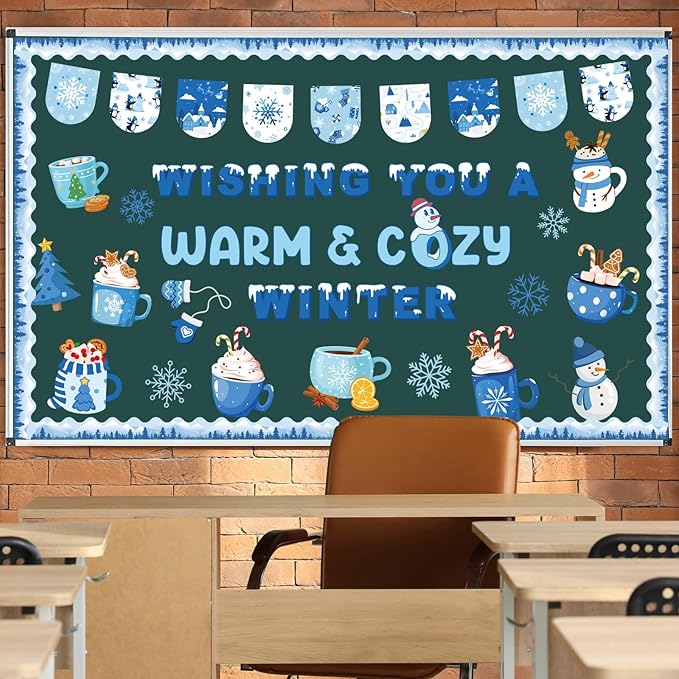 Aposwow Winter Bulletin Board Decorations - Christmas Hot Cocoa Holiday Classroom Decorations Set Wish You A Warm Cozy Winter Paper Cutouts Bulletin Board Decor School Office Wall Decor Supplies