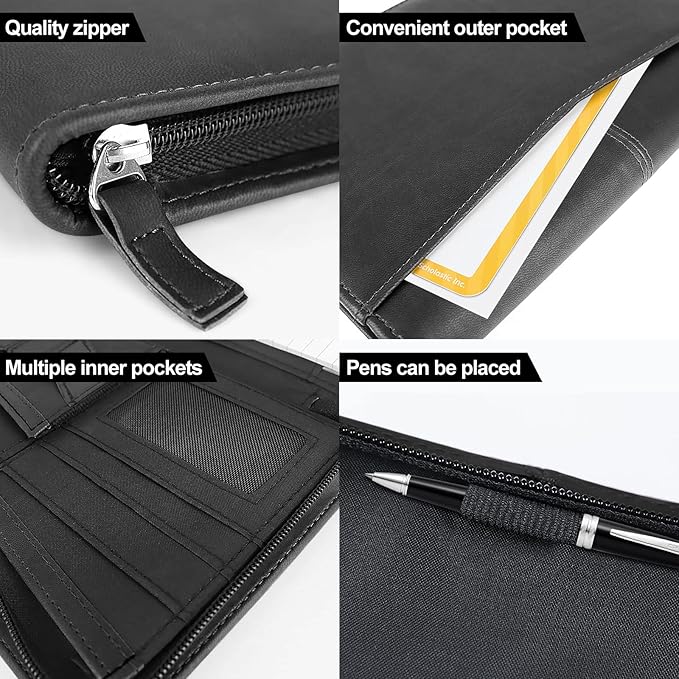 Godery Leather Zippered Padfolio Portfolio Binder 5 x 8 Legal Writing Pad, Professional Business Portfolio for Men & Women, Card Holder, Notepad Clipboard Holder (Black)