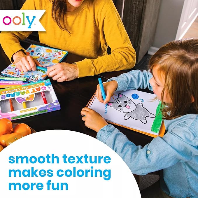 Ooly Cat Parade Gel Crayons for Kids and Adults - Set of 12 Rainbow Color Crayons for Glass and Paper Surfaces with Cat-Shaped, Twist-Up Caps - Smooth Gliding Gel Crayon Set