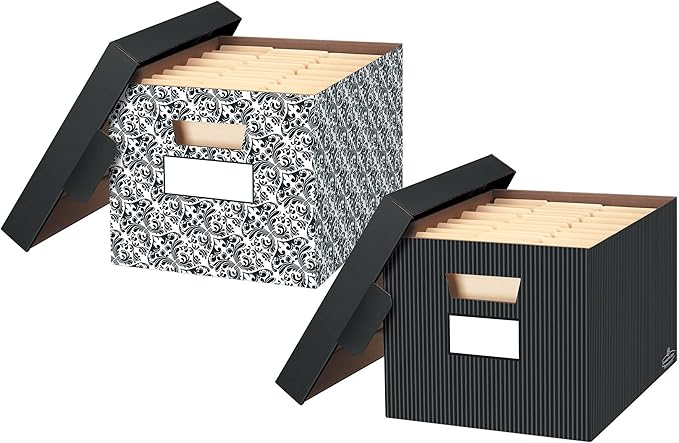 Bankers Box 4-Pack Brocade Design, Medium Duty File Storage Boxes with Lids, FastFold Assembly, Letter/Legal, STOR/FILE, (0022705)