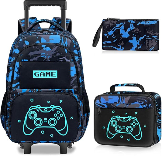 Gamer Rolling Backpack for Boys - 3PCS Boys Rolling Backpack with Lunch Box Set for Kids Children Teens Elementary Middle School,Glow in The Dark Roller Bookbag with Wheels for Age 6-18