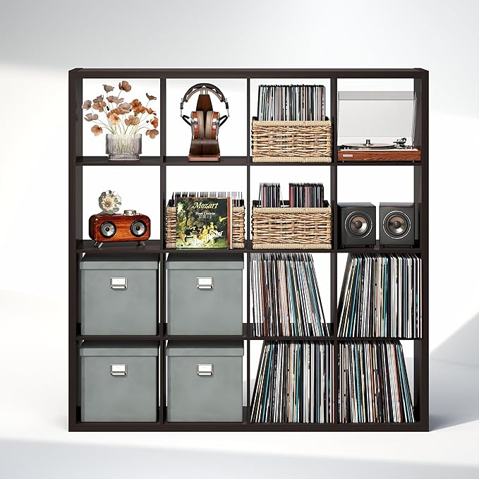 Furinno Cubicle Record Player Stand with Vinyl Storage, 16-Cube 1.2 Extra Thick Vinyl Record Storage, Open Back Media Shelf for CD DVD Blueray Game Disc, for Living Room, Home Office, Black Dark Oak