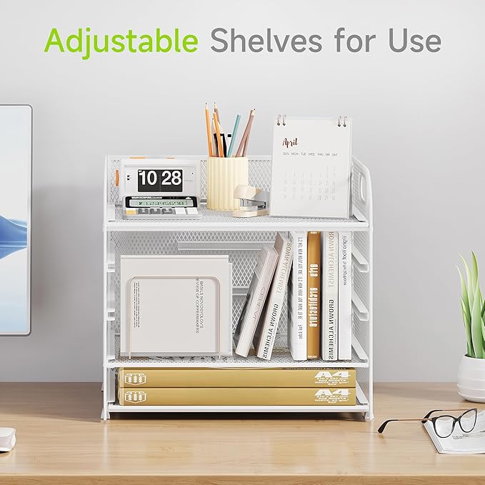 2 Pack 5 Tier Paper Organizer, Letter Tray with Handle, Mesh Desk Organizer, Metal File Organizer, Office Desk Accessories for Home, Office, Classroom, School -White