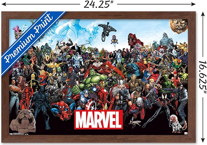 Marvel Comics The Marvel Lineup Wall Poster, 22.4L" x 14.7W", Mahogany Framed Version