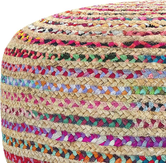 SIMPLIHOME Margo Large Round Pouf - 30 inch Wide Handwoven Jute and Cotton Braided Ottoman in Multi-Color, Boho Footstool or Extra Seating for Living Room or Bedroom with Swirl Pattern, Assembled