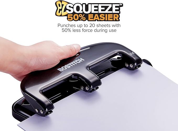 Bostitch Office EZ Squeeze 20 Sheet Standard 3 Hole Punch, Metal Construction, Silver/Black (HP20)