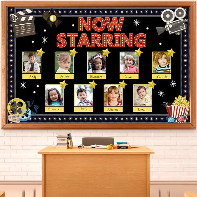 Movie Star Bulletin Board Set Now Starring Bulletin Board for Classroom Decor DIY Photo Crafts Camera Lights Learn Clapperboard Film Tickets Cutouts Accents for School Chalkboard Wall Supplies