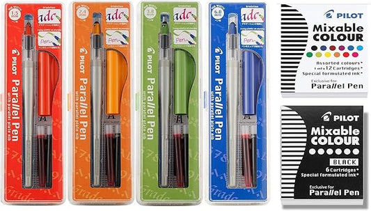 Pilot Parallel Calligraphy Pen Set, 1.5 mm, 2.4 mm, 3.8 mm and 6 mm with Bundle Ink Cartridge Plus 1 Extra Pack of 12 ASST Refills and 1 Pack of 6 Black Refills.