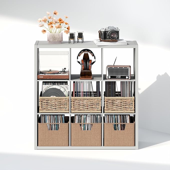 Furinno Cubicle Record Player Stand with Vinyl Storage, 9-Cube 1.2 Extra Thick Vinyl Record Storage, Open Back Media Shelf for CD DVD Blueray Game Disc, for Living Room, Home Office, Light Grey