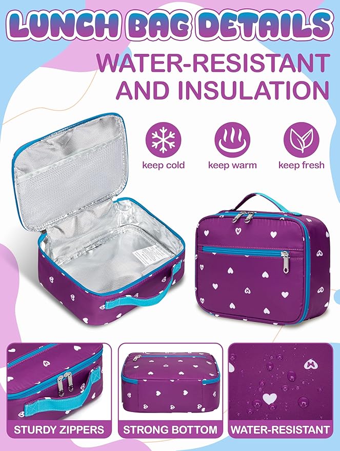 BLUEFAIRY Kids Backpack with Lunch Box for Girls Boys Elementary Primary Middle School Bag with Lunch Bag Set 17 Inch Bookbag Mochilas Escolares para Niñas Niños (Hearts, Purple)