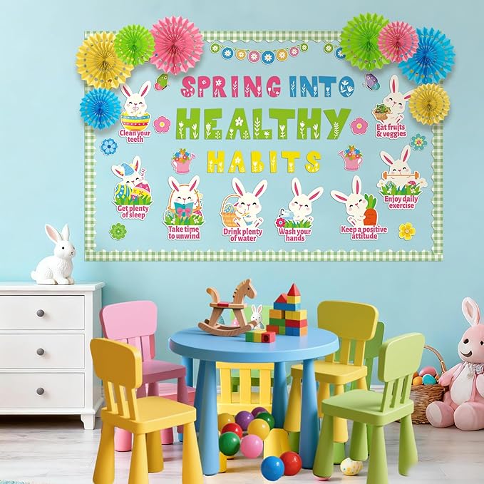 Spring Health Bulletin Board Decorations Spring into Healthy Habits Classroom Bulletin Board Set with 3D Paper Fans Easter Bunny Health Cutouts for School Home Door Wall Chalkboard Decor