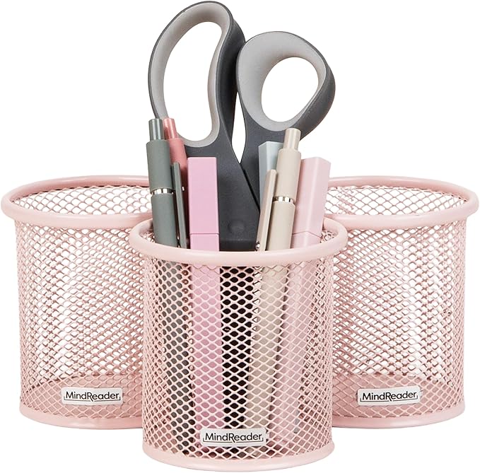 Mind Reader Pen and Accessories Holder, Desktop Organizer, Office, Metal Mesh, 3.5"L x 3.5"W x 3.75"H, Set of 3, Pink