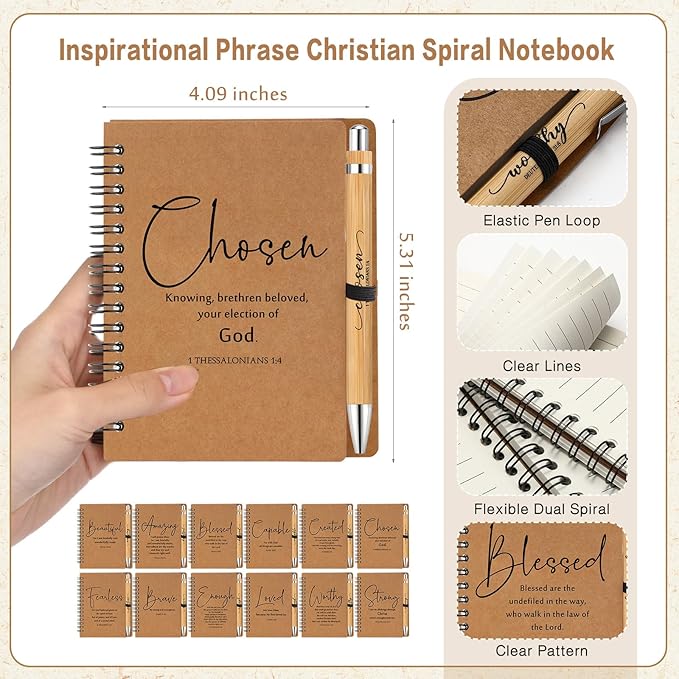 Kosiz 60 Sets Christian Gifts Bulk Inspirational Bible Verse Spiral Notebook and Religious Bamboo Ballpoint Pen Journal with Scripture for Easter Church Member First Communion Teacher Holy Week (Brown)