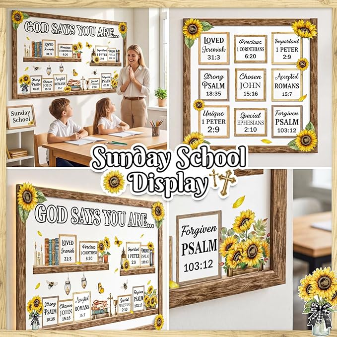 Qilery Sunflower Faith Bulletin Board Decorations Set, Cardstock Religious Wall Cutouts, Bulletin Board Borders & Letters, Christian Office Inspirational & Church Classroom Decor Kit, Adhesive Dots