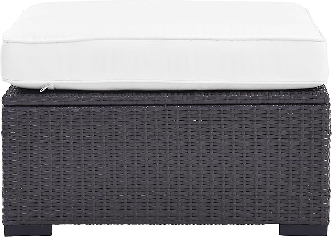 Crosley Furniture Biscayne Wicker Outdoor Ottoman Foot Rest for Patio, Deck, Porch, Brown with White Cushions