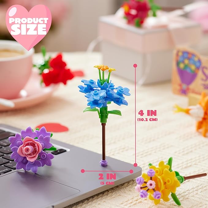JOYIN 24 Pcs Valentine's Day Flower Bouquet Building Blocks with Cards, 6 Flower Block Designs with 6 Matching Tags, Valentines Day Gifts for Kids School Classroom Exchange Prize Party Favor