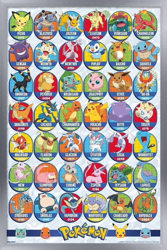 Pokémon: All-Time Favorites - Grid Wall Poster, 34L" x 22.4W", Silver Framed Version