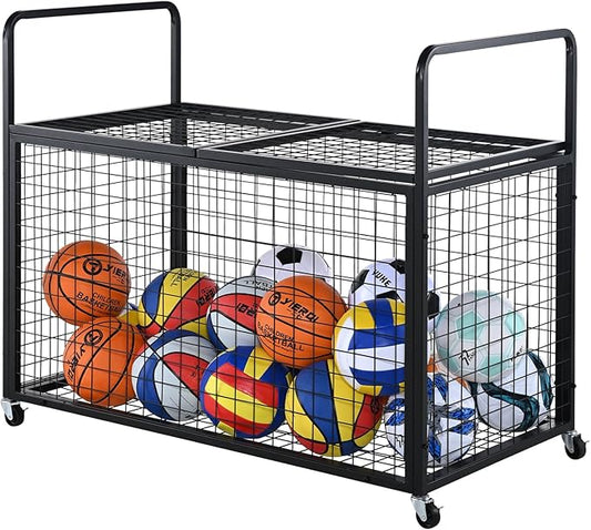 VEVOR Rolling Sports Ball Storage Cart, Lockable Basketball Cage with Double Lids, Sport Equipment Holder Organizer for Indoor Outdoor, Steel Storage Rack for Garages, Playgroup, Gym and Schools