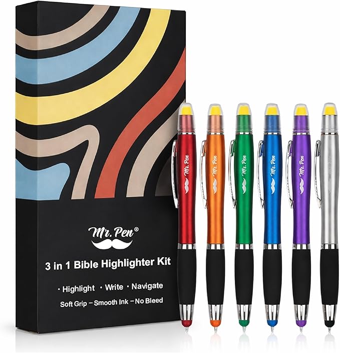 Mr. Pen- Bible Highlighter with Pen and Stylus for Touchscreens, 3 in 1, 6 Pack, Colorful Barrels, Black Ink Ballpoint Ink Pens, Yellow Wax Gel Highlighters