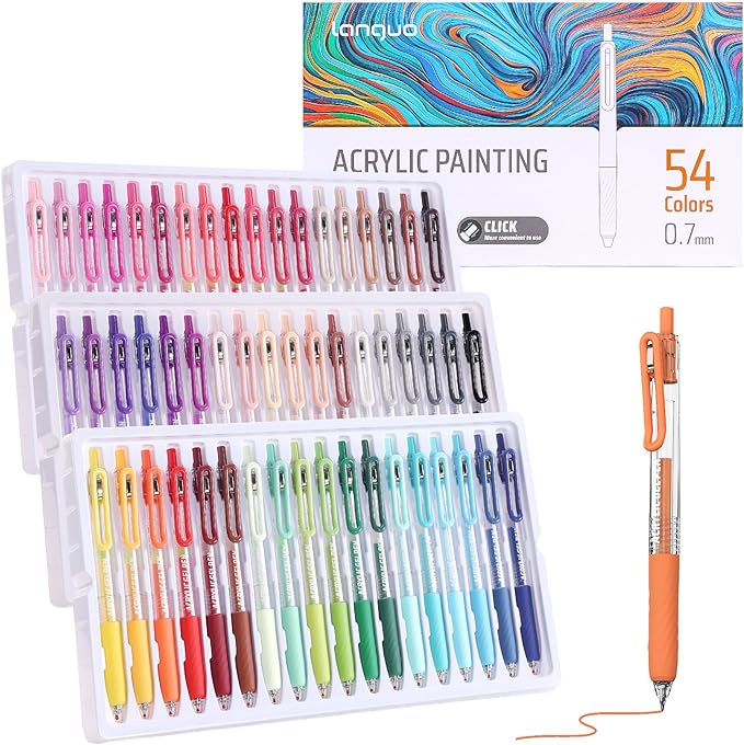 Acrylic Gel Pens for Coloring, 54 Colors Click Acrylic Paint Pens Set with 0.7mm Tip for Adult Coloring, Colored Gel Pens for Black Paper, Rock, Glass, Fabric, DIY and Art Crafts Supplies