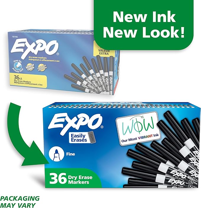 EXPO Dry Erase Markers, Low Odor Ink, Black, Fine Tip, 36 Count - Easily Erases, Ideal for Classroom, Home, Office, Back to School, Teacher Supplies