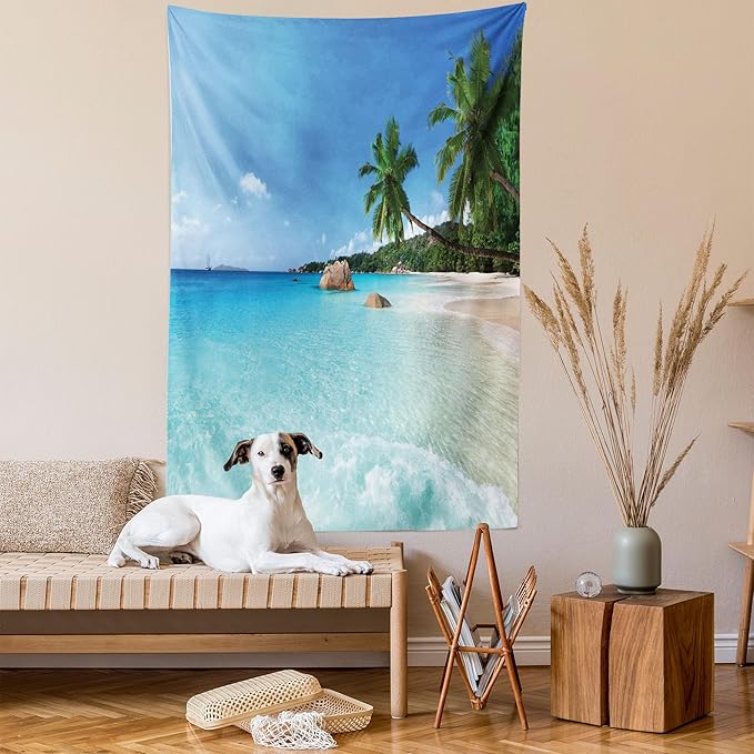 Ambesonne Ocean Tapestry, Anse Lazio Beach at Praslin Island Surfing Beach Scenic View Travel, Wall Hanging for Bedroom Living Room Dorm Decor, 40" X 60", Blue and Turquoise