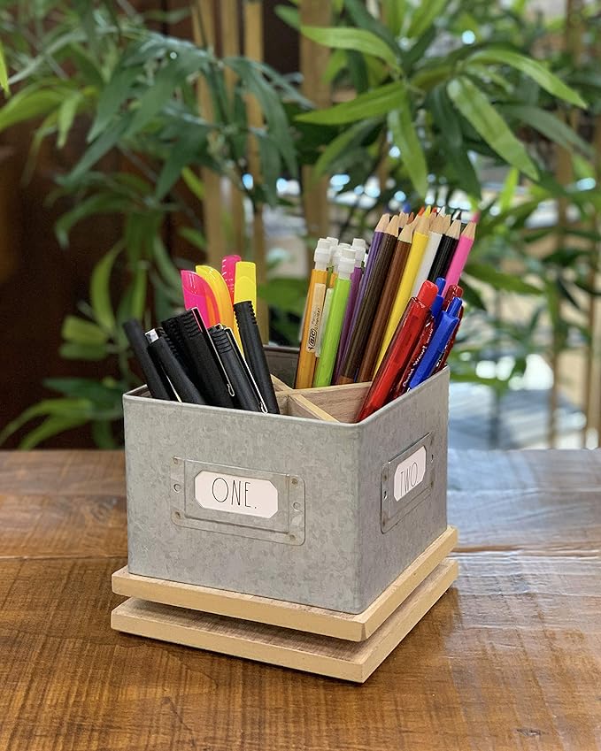 Rae Dunn Pencil Holder Cup - Spinning Metal Pen and Office Supplies 4 Compartment Desktop Organizer Caddy for Office Accessories - Great for Home, School, Classroom, Work - Square Design