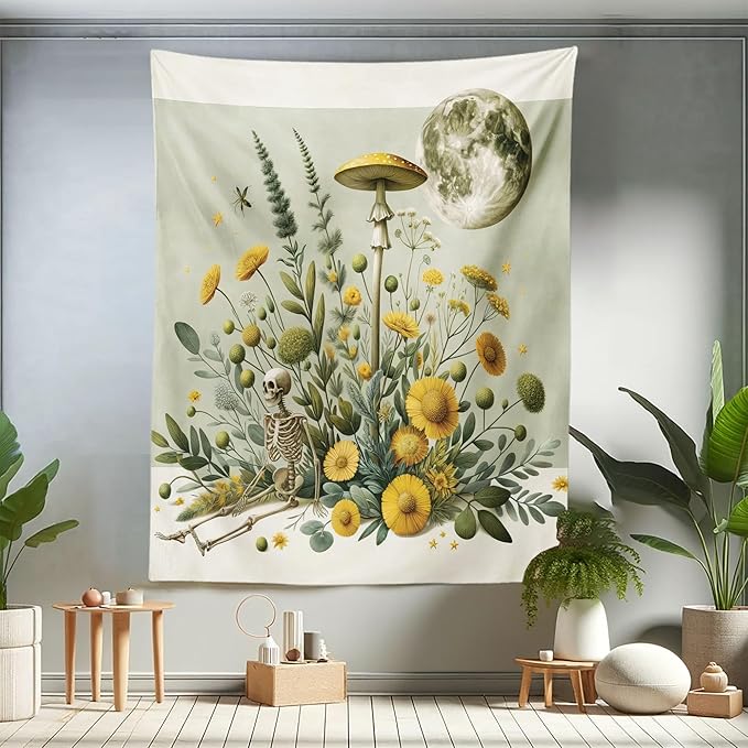 Ambesonne Trippy Tapestry Twin Size, Bohemian Botany Feel Leafy Jungle Flowers with Skeleton and Moon Ornate, Wall Hanging Bedspread Bed Cover Wall Decor, 68" X 88", Pale Green Earth Yellow