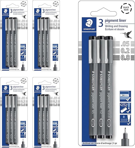 STAEDTLER Pigment Liner 5-Pack (5 sets of 3 pcs), Black, 3 Pens, Assorted Line Widths 0.05mm/0.2mm/0.8mm, 308-9SBK3, 15 Count