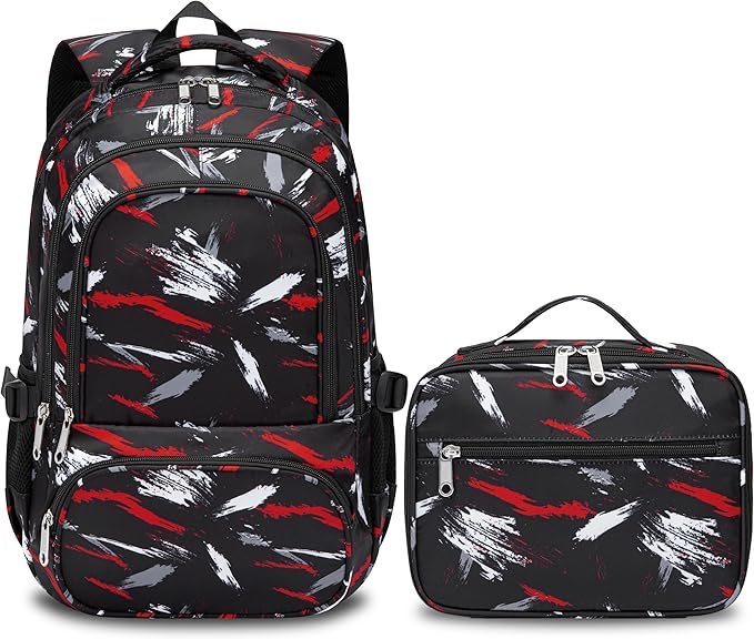 BLUEFAIRY Kids Backpack with Lunch Box for Girls Boys Elementary Primary Middle School Bag with Lunch Bag Set 17 Inch Bookbag Mochilas Escolares para Niñas Niños (Brush Dark, Dark Black)