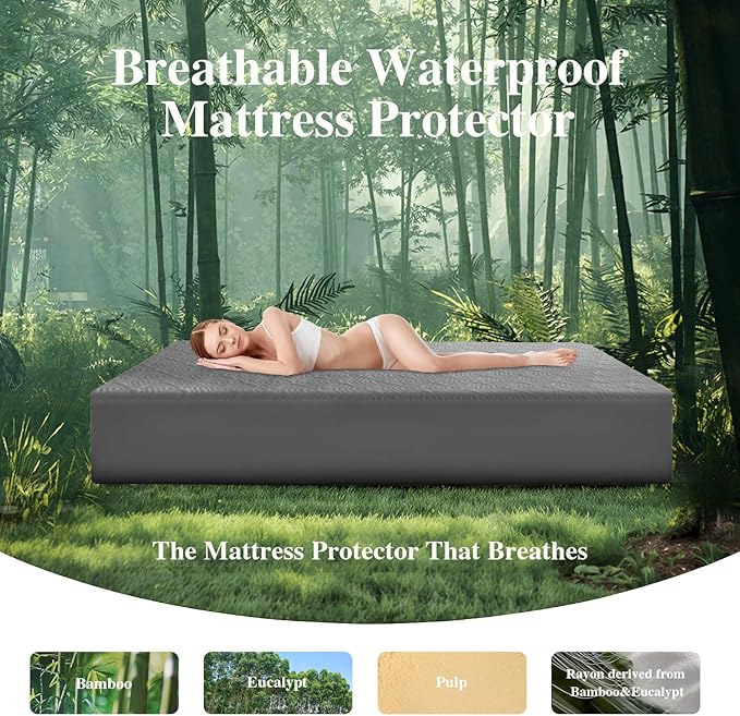 Full Size Mattress Protector, Waterproof Mattress Pad Washable Rayon Mattress Cover Breathable Noiseless Bed Protector 3D Patterns 5" - 21'' Elastic Fitted Deep Pocket(Dark Grey)
