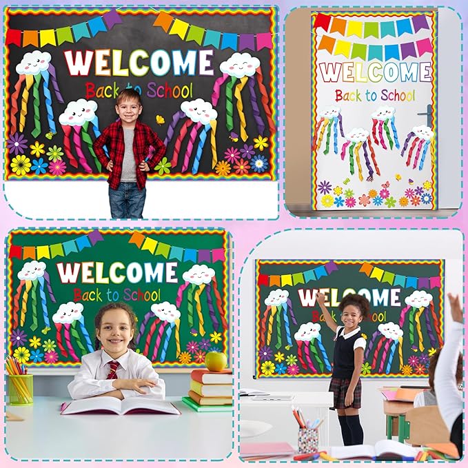 3D Back to School Bulletin Board Set Welcome Rainbow Classroom Decorations Classroom Flower Paper Cutouts for Cloud Paper Streamers Chalkboard Wall Door Decor Teacher Supplies