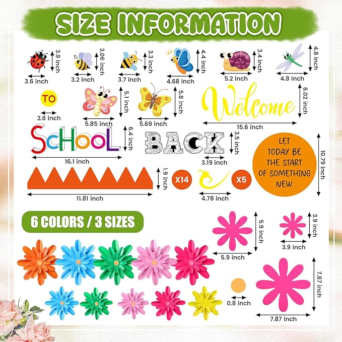 Spring Bulletin Board Decorations Set March Flowers Bulletin Board with 3D Paper Floral Cutouts Classroom Decorations Back to School Wall Decor Party Favor(Welcome Back to School)