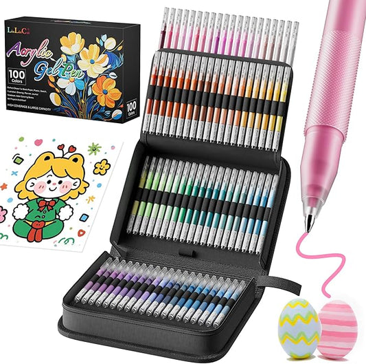 LIUILUCAI 100 Colors Acrylic Gel Pens Art Set - Large Capacity Gel Ink Pens with 1.0mm Fine Tip, Acrylic Paint Pen for Black Paper, Adult Coloring Books, Journaling, Drawing, Sketching