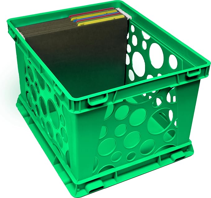 Storex Premium File Crate with Handles – Letter and Legal Document and Folder Storage, Classroom Green 3-Pack (61463C03C)