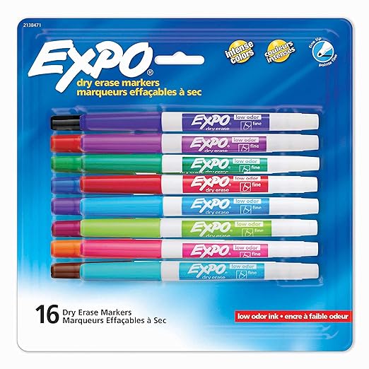 EXPO Dry Erase Markers, Whiteboard Markers with Low Odor Ink, Fine Tip, Assorted Vibrant Colors, 16 Count