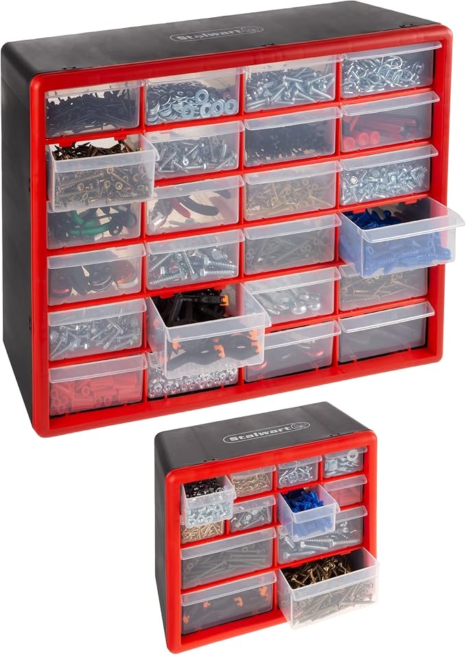 Set of Two Storage Bins with Drawers – Pair of 12 and 24 Drawer Desktop or Wall Mount Plastic Tool Organizers for Hardware or Crafts by Stalwart (Red)