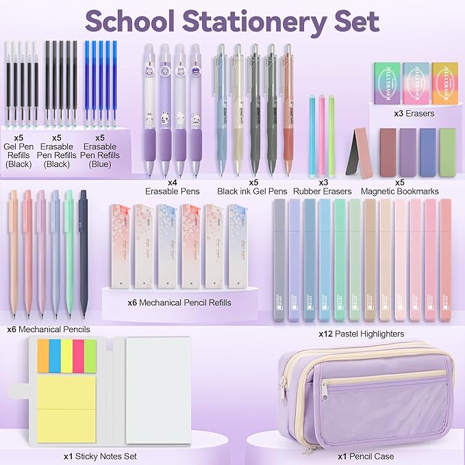 61 PCS Aesthetic School Supplies with Cute Pen Case, Pastel No Bleed Highlighters, Gel & Erasable Pens, Mechanical Pencils, Refills, Complete Essentials Stationery Kit for Students (Purple)