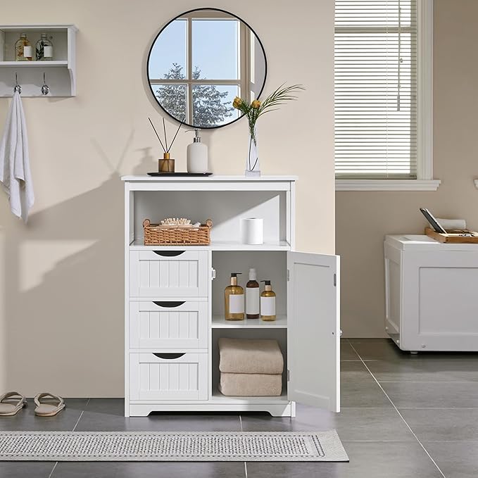 Yaheetech Bathroom Storage Cabinet Bathroom Floor Cabinet Freestanding Storage and Organizer with Door, 3 Drawers, Adjustable Shelf, 35.5 Inches Height, White