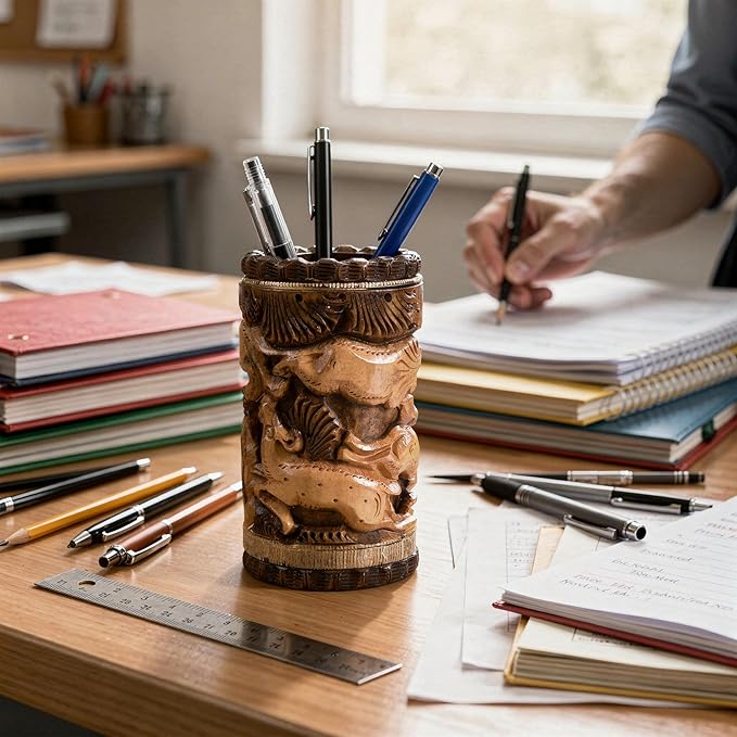 Craft Trade Hand Carved Wood Pen Holder for Desk Organizer for Home School Office Supplies Pencil Cup Pot Storage Box Suitable for Stationery - Wooden